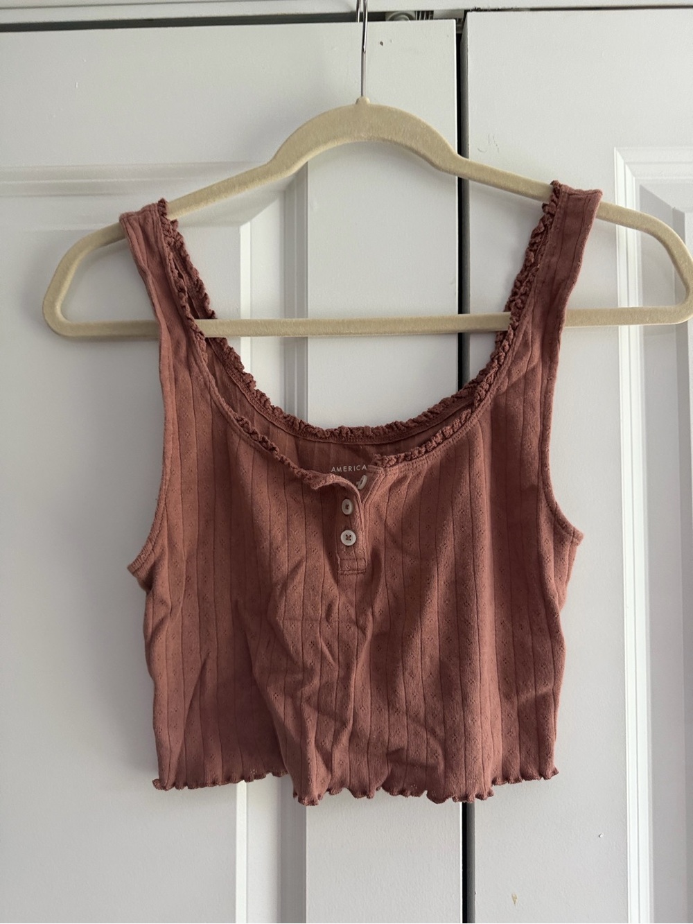 American Age Dusty Rose Ribbed Crop Cami with Ruffle Trim